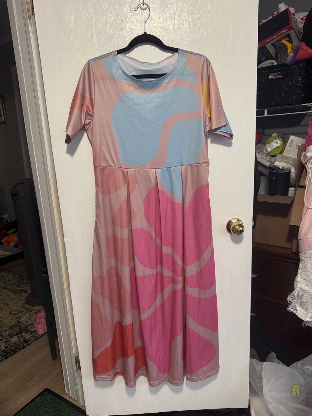 Women’s Abstract Print Midi Dress in Pink and Blue